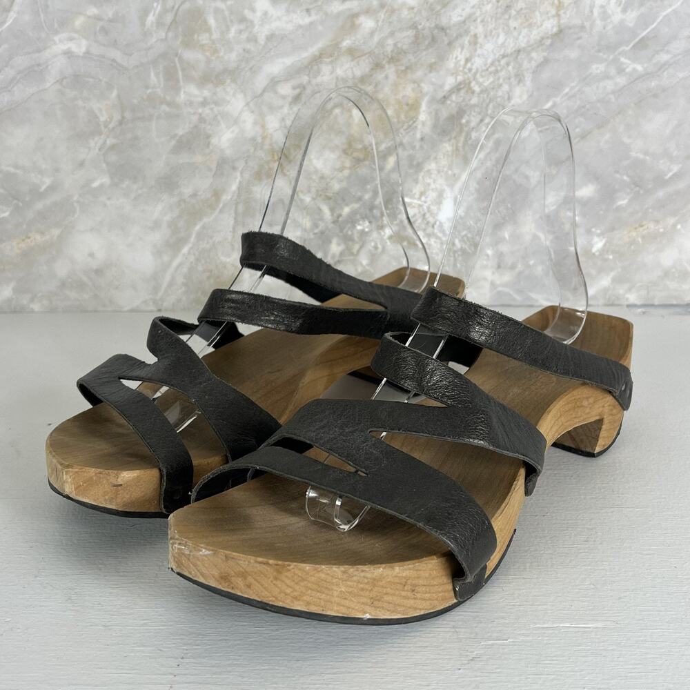 Cydwoq Black Leather Strappy Sandals EU 40 US 9.5 - 10 Wooden Clog Platform